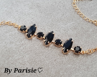 Jet Black Crystal Tennis Bracelet Golden Stacking Jewelry Marquise Rhinestones Chain Bracelet, Gift for Aunt