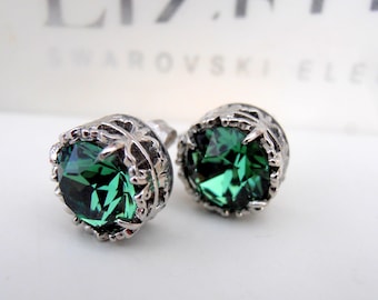 Erinite Pine Green Stud Crystal Earrings, Art Deco Jewelry, Filigree Pierced Post Earrings, Girl Birthday Gift