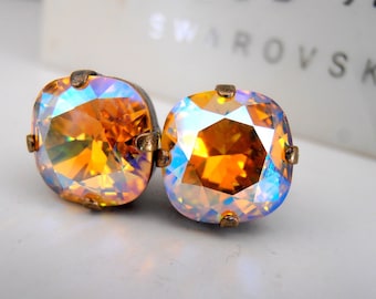 Light Topaz Shimmer Cushion Cut Earrings with  Crystals 4470 / 10mm Antique Bronze Studs / Post Pierced Dainty Jewelry / Birthday