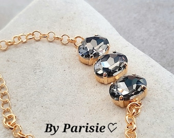 Dainty Black Diamond Tennis Bracelet - Elegant Gold Chain, Oval Grey Rhinestones, Layering Jewelry, Friendship Gift