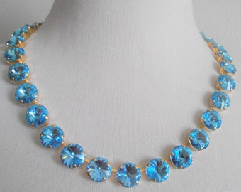 Aquamarine Blue Necklace with Rivoli Crystals, Rivoli Choker, Wedding Jewelry, Gold Cup Chain Collet 1122, Women Birthday Gift