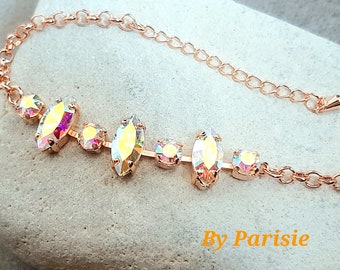 Aurora Borealis Tennis Bracelet Rose Gold Cup chain, Navette Rhinestones, Marquise Crystal Bracelet, Summer Colors, Gift for Mum