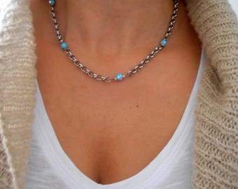 Turquoise Necklace Handmade with Round  Beads, Blue Chain Choker, Women Bohemian Jewelry, Christmas Girl gift