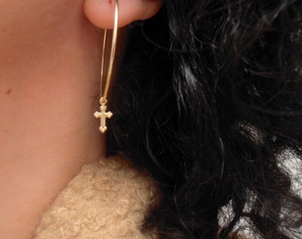 Gold Filled Hoop Earrings with Dangle Cross Charm (40mm)