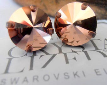 Rose Gold Copper Stud Earrings / Rivoli Crystal 12mm 1122 / Pierced Post Earrings / Birthday Gift for her /valentines present