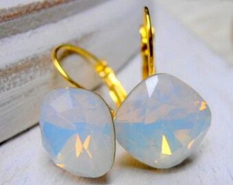 White Opal Cushion Cut Earrings / Bridesmaids Gold Dangle&Drop Leverback Earrings / Bridal Wedding Jewelry For Her