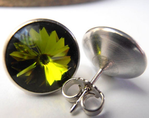 Olivine Green Rivoli Earrings / Crystal Green Studs / Pierced Crystal Earrings / 1122 12mm Round / Costume Jewelry / Gift for her