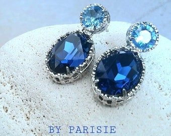 Dark Blue Montana Earrings in Platinum Bezel Teardrop Earrings for Girls Prom Jewelry Handmade Dangle Earrings