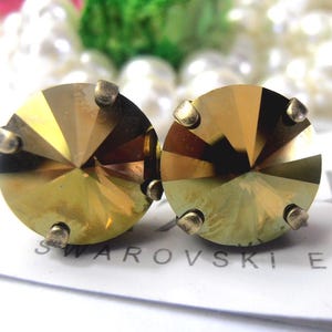 Crystal Iridescent Stud Earrings Bronze Pierced Studs, Austrian Green Rivoli Crystal, Post Earrings 12mm, Antique Jewelry Gift for Partner