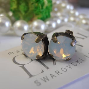 White Opal Bronze Stud Earrings, Antique Bronze Jewelry, Post Dainty Pierced Earrings 8mm, Women Birthday Gifts