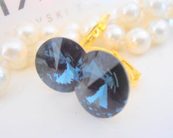 Dark Sapphire Blue Dangle Gold Earrings with Rivoli Crystals 14mm / Round Drop Lever back / Birthday Jewelry