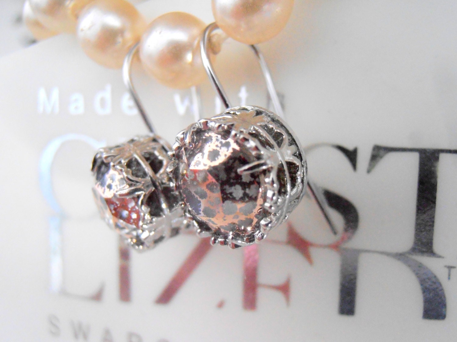 Rose Patina Crystal Platinum Dangle Earrings - Art Deco Jewelry