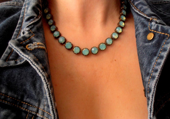 Pacific Opal Rhinestone Choker Necklace • Art Deco Jewelry