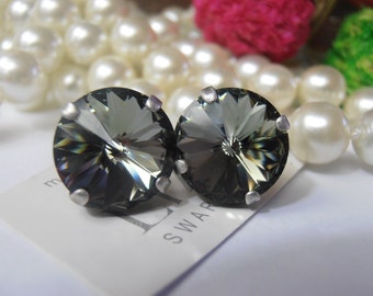 Black Diamond Rivoli Stud Earrings with Crystals 1122 / Antique Silver Pierced Post / Gift Body / Jewelry Accessories