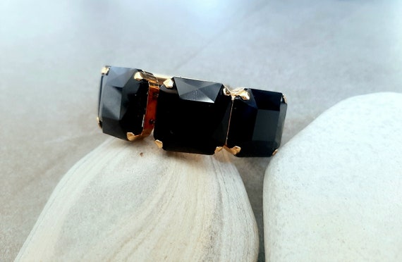 Jet Black Crystal Bracelet: Gold Square Cuff, Statement Jewelry