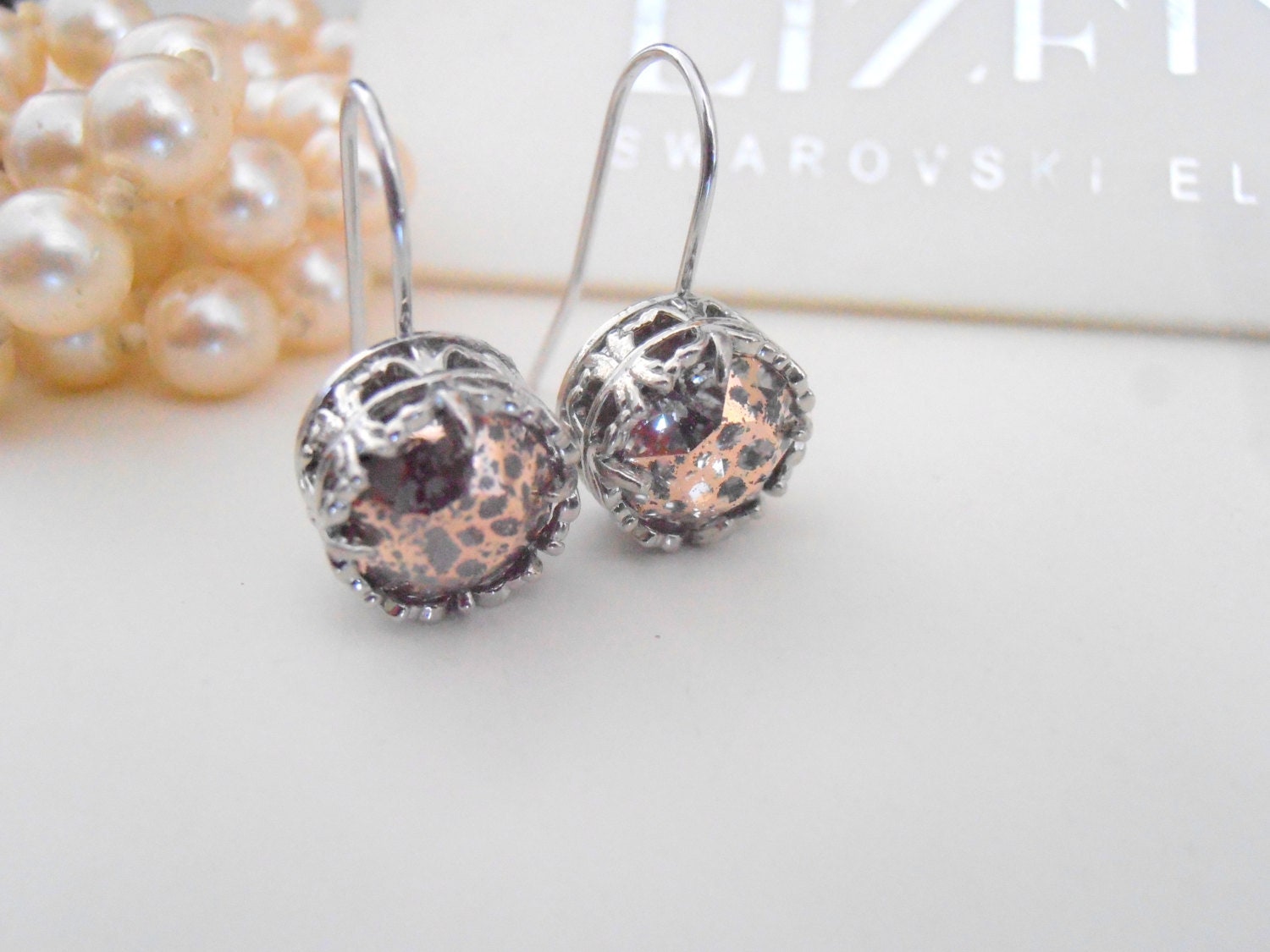 Rose Patina Crystal Platinum Dangle Earrings - Art Deco Jewelry