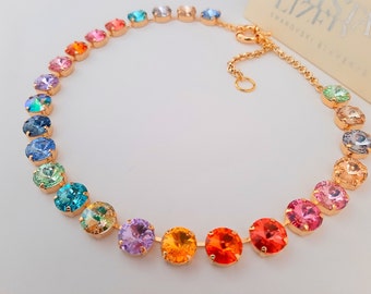 Anna Wintour Rainbow Rivoli Crystal Necklace, Tennis Colorful Choker, Multi color Gold Collet, Jewelry Gift for Women