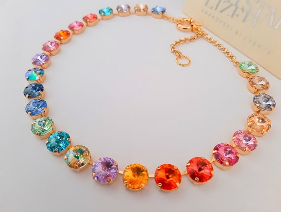 Gold Rainbow Tennis Necklace with Rivoli Crystals / Anna Wintour Choker