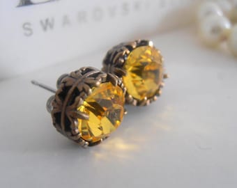 Light Topaz Studs, Crystal Post,  Antique Bronze Plated, Art Deco Earrings with Surgical steel pads, Old Vintage Style.