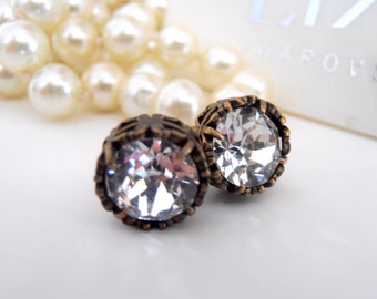 Art Deco Studs with Clear Crystals / Bridal Jewelry / Antique Bronze Filigree Pierced Post / Vintage Accessories