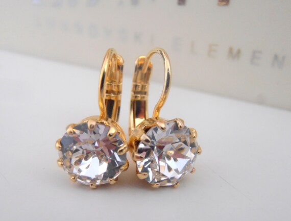 Clear Diamond Cut Crystal Drop Earrings / Wedding 14K Gold Jewelry