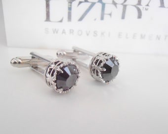 Black Crystal Wedding day Cufflinks for Men, Art deco Jewelry, Bridal Shirt Cuffs, Groom Suit and tie Cuffs with Hematite Crystals