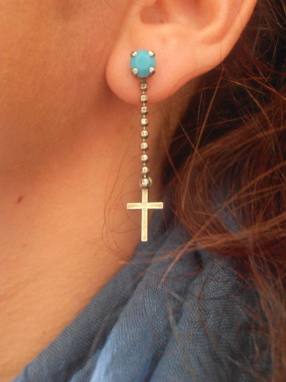 Turquoise Cross Religious Earrings w/ Swarovski Crystals / Gothic Jewelry / Medieval / Birthday Gift
