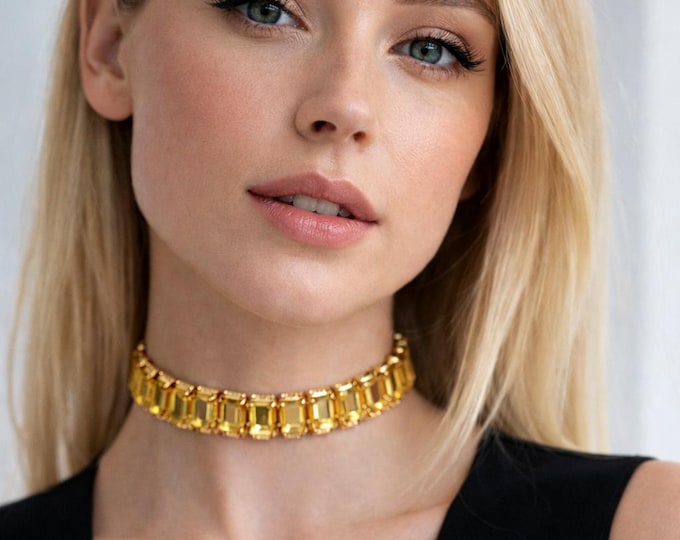 Featured listing image: Yellow Crystal Choker Necklace | Gold Rhinestone Statement Jewelry