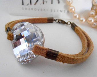Beige Suede Leather Cord Cuff Bracelet / Sew on Twist Crystal / Statement Wrist Jewelry for Women / Birthday Gift