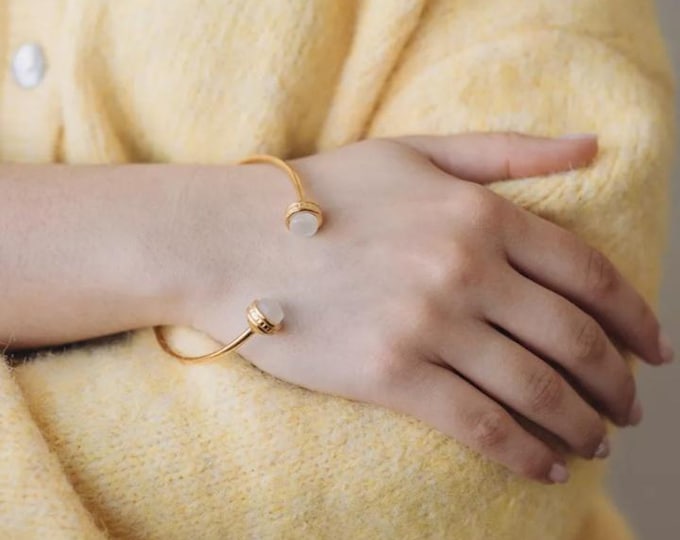 Featured listing image: Stainless Steel Bangle with Moonstone Beads – Open Adjustable Cuff Bracelet Gold Plated
