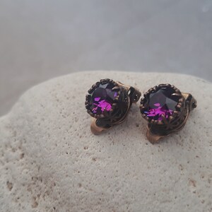 Amethyst Clip On Post Earrings Non Pierced Crystal Earrings Art Deco Jewelry Filigree Purple Studs Antique Bronze Christmas Gift image 7