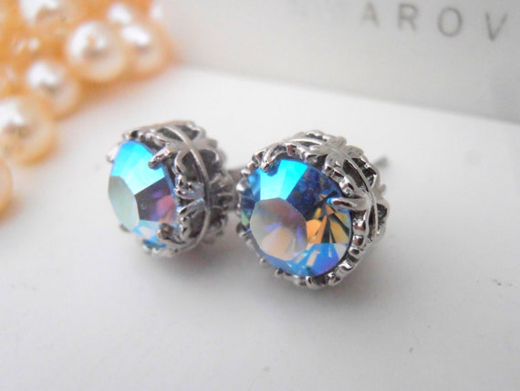 Aquamarine AB Filigree Stud Earrings / Crystal studs / Platinum Jewelry / Art deco post / Christmas gift