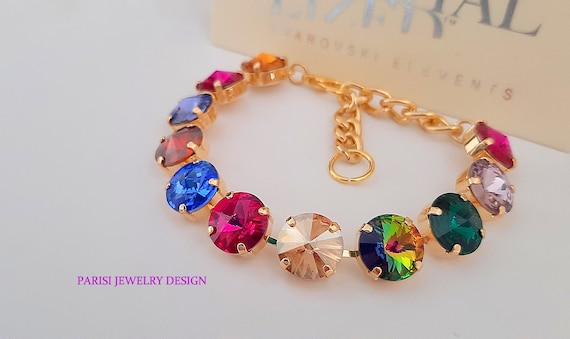 Gold Multicolors Tennis Bracelet w/ Swarovski Rivoli Crystals 1122