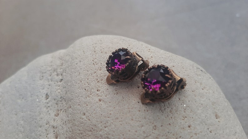 Amethyst Clip On Post Earrings Non Pierced Crystal Earrings Art Deco Jewelry Filigree Purple Studs Antique Bronze Christmas Gift image 3