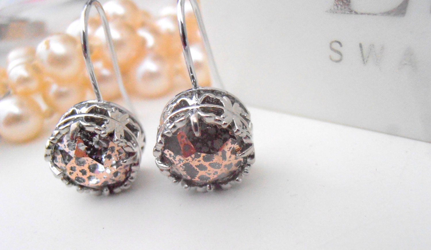 Rose Patina Crystal Platinum Dangle Earrings - Art Deco Jewelry