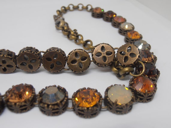 Handmade Brown Multi-Color Crystal Necklace in Antique Bronze Jewelry for Women Filigree Collet Gift Vintage Style Necklaces for Wife