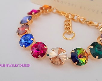 Gold Multi-colors Cup chain Tennis Bracelet with Rivoli Crystals 1122 • Women Birthday Gift
