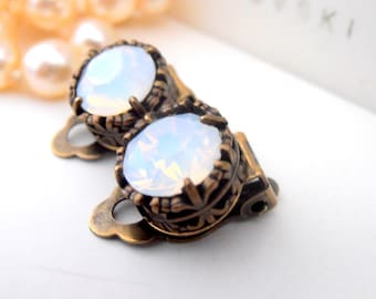 White Opal Clip On Stud Earrings, Non Pierced for girls, Art Deco Jewelry, Antique Bronze, Post, Filigree, Vintage Jewelry