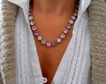 Rose Opal Austrian Crystal Necklace, Platinum Art Deco Style