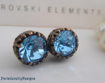 Aquamarine Crystal Earrings / Blue Stud Earrings /Art Deco Pierced Post Earring / Filigree Antique Bronze / Summer Birthday Gift /