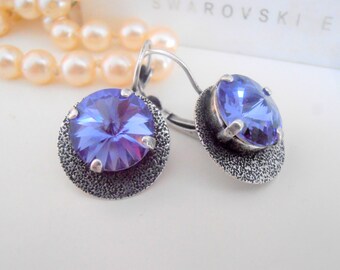 Tanzanite Blue Rivoli Earrings / Hammered Statement Drops / Rivoli Disc Earrings / Dangle Drop / Antique Silver