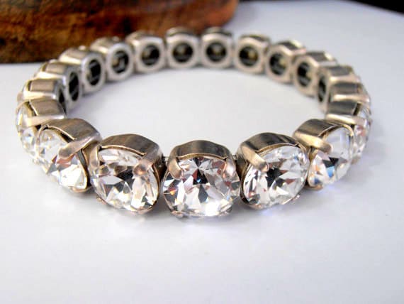 Clear Swarovski Stretch Bracelet /  Sew on Silver Crystal Setting Cuff Bracelets