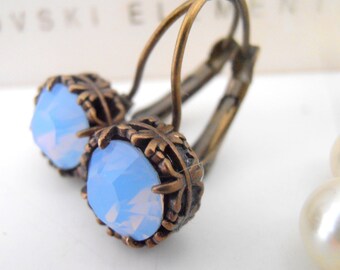 Air Blue Opal Art Deco Bronze Earrings, Dangle Drop Leverback, Filigree Antique Jewelry, Vintage Birthday Gift