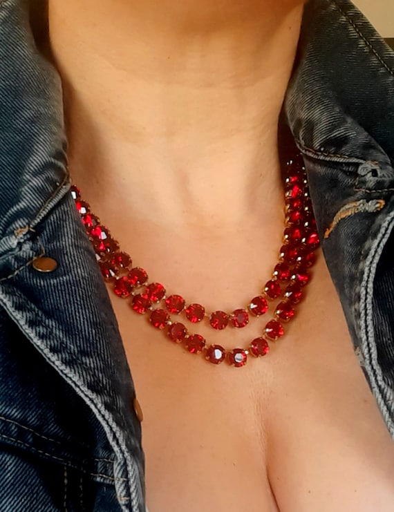 Ruby Double Layering Necklace with Swarovski Crystals | Gold Jewelry