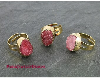 Natürlicher Edelstein Roh Druzy Ring / Rosa Achat Stein / Boho Ringe / Statement Verstellbarer Ring / Mineral / Oval 16mm Gold Boho