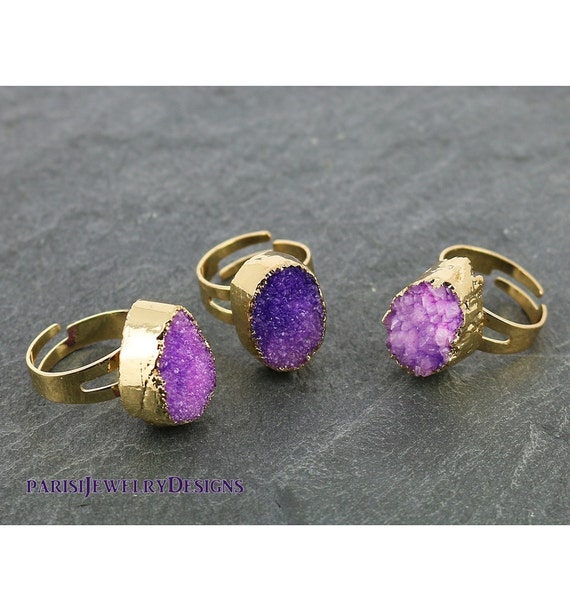 Purple Agate Druzy Ring: Raw Stone Bohemian Adjustable Ring