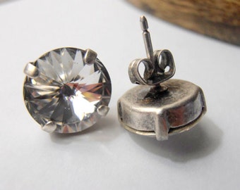 Clear Rivoli Stud Earrings 1122 in Antique Silver Round Pierced Post Setting 12mm / Women Bridal Jewelry