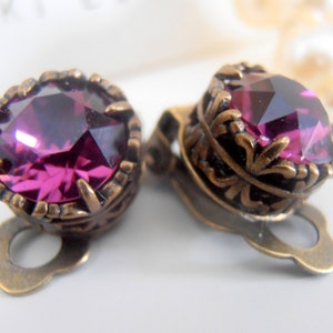 Amethyst Clip On Post Earrings Non Pierced Crystal Earrings Art Deco Jewelry Filigree Purple Studs Antique Bronze Christmas Gift image 5