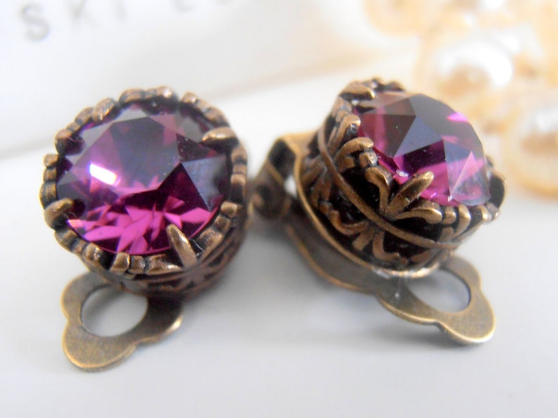 Amethyst Clip On Post Earrings Non Pierced Crystal Earrings Art Deco Jewelry Filigree Purple Studs Antique Bronze Christmas Gift image 5