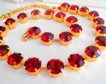 Ruby Red Crystal Necklace, Gold Georgian Collet Choker, 16.5"